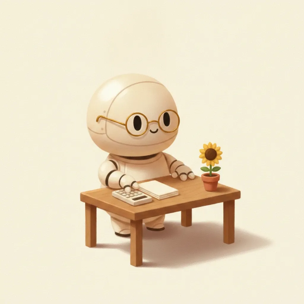 robotje met klein rond brilletje en rekenmachine dat facturen afvinkt aan een bureau