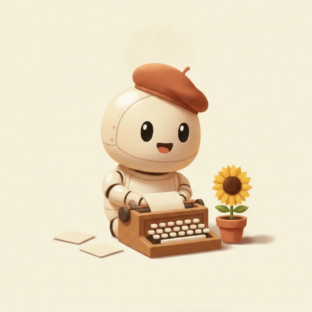 robotje met terracotta baret achter een typemachine, omringd door notitieblaadjes