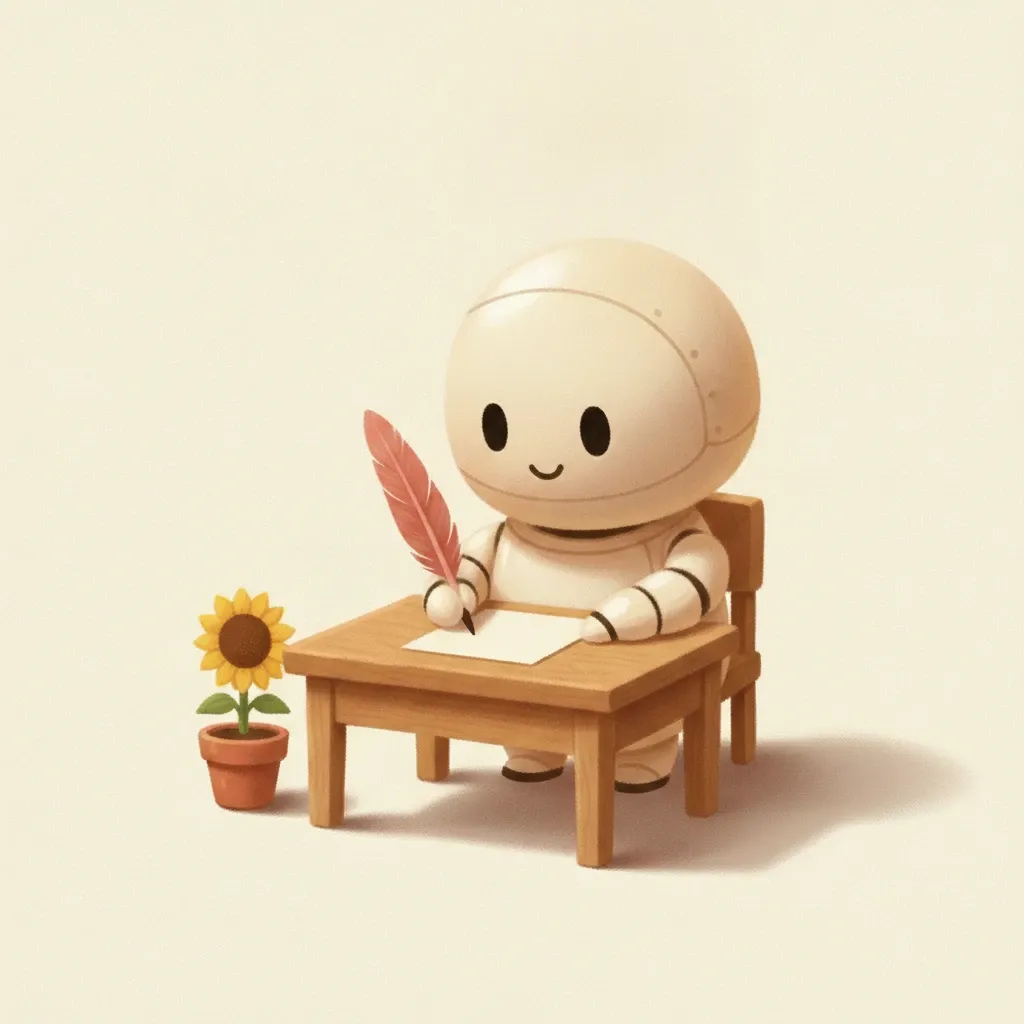 robotje met roos-rood schrijfveertje dat aan een houten schrijftafel een brief schrijft