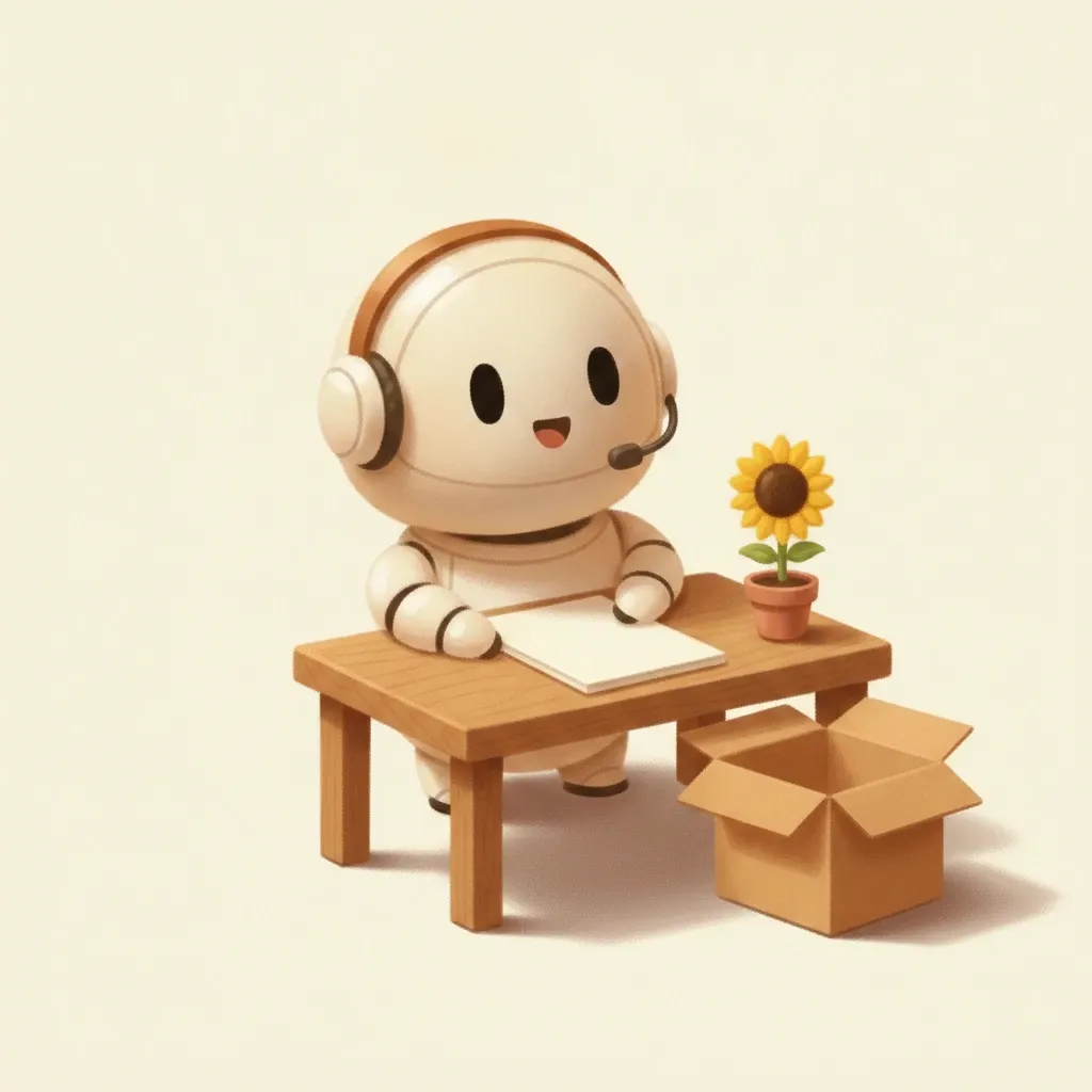 robotje met klein warm-bruin headsetje dat aan een houten bureau een servicedossier bijwerkt naast een open retourdoosje